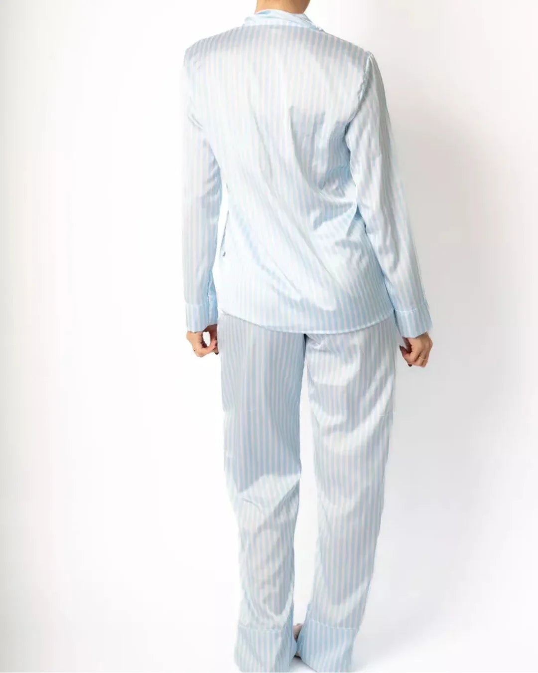 Pijama Feminino Americano Longo Cetim Listras Azul